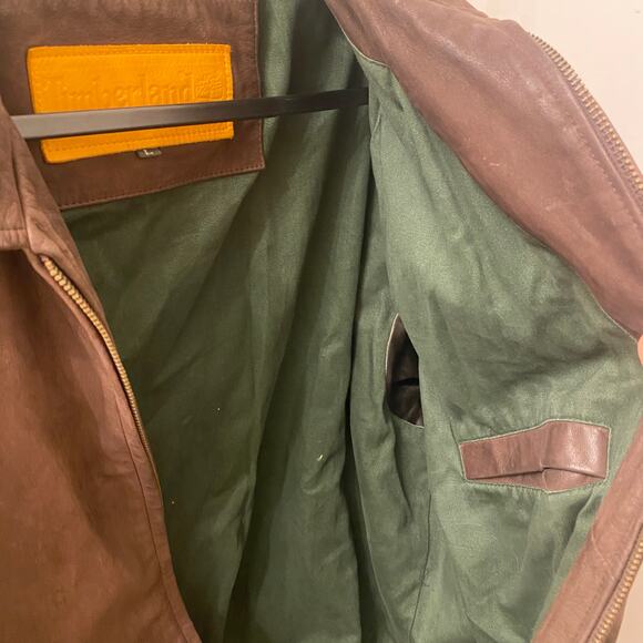 90s Vintage Timberland Dark Brown Cowhide Leather Bomber Jacket Size Large - Picture 7 of 8